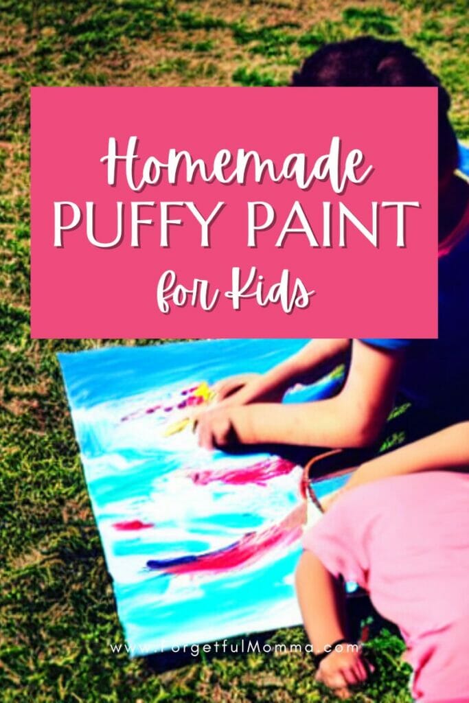 kids painting outside with Homemade Puffy Paint text overlay