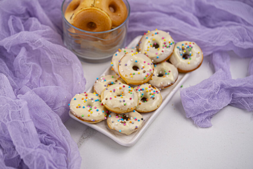 Simple Mini Donuts before and after frosting