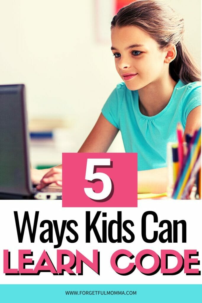 girl using laptop with 5 Ways Kids Can Learn to Code text overlay