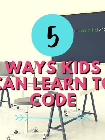 chalkboard and desk with Ways Kids Can Learn to Code text overlay