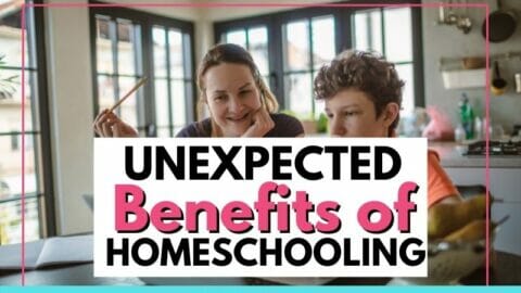 mom helping son with schoolwork with text overlay