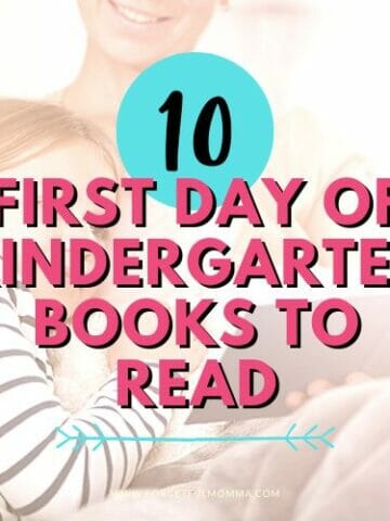 mom and child reading with First Day of Kindergarten Books to Read text overlay