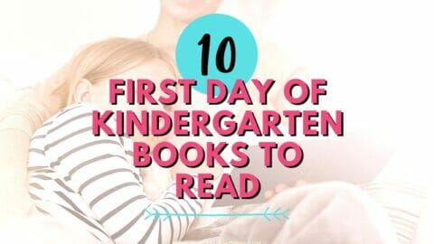 mom and child reading with First Day of Kindergarten Books to Read text overlay