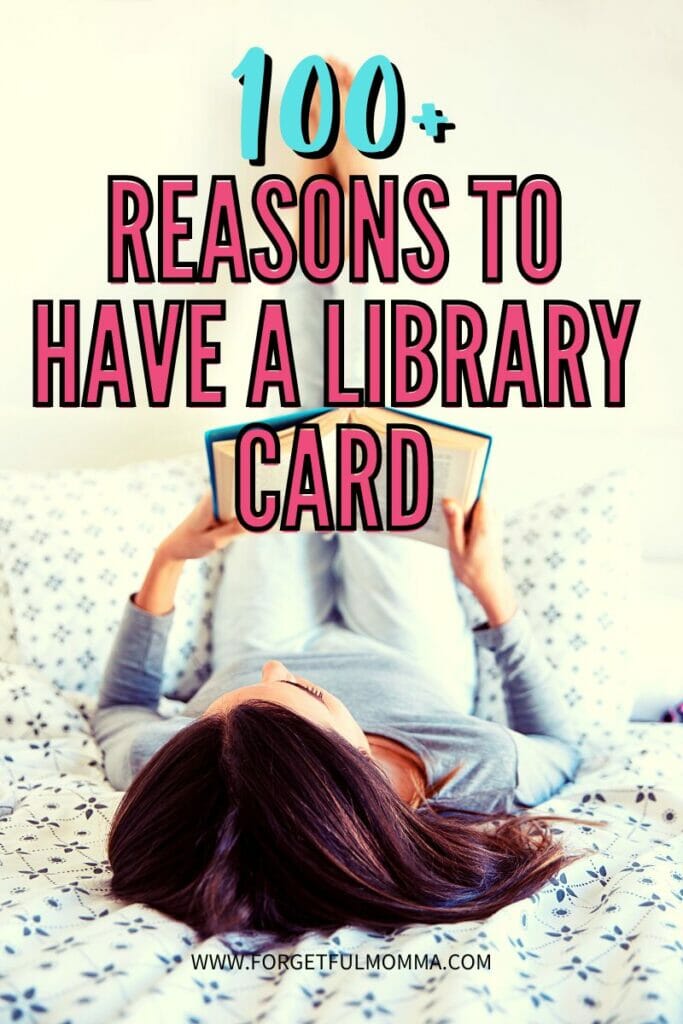 reading on bed with 100 Reasons to Have A Library Card text overlay