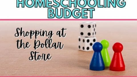Homeschooling Budget: Shopping at the Dollar Store social media image of game pieces and dice with text overlay