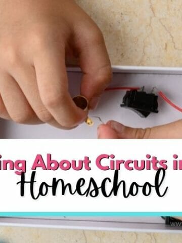 child's hands use circuits in white tray with text overlay