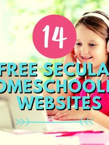 child on laptop with FREE Secular Homeschooling Websites text overlay