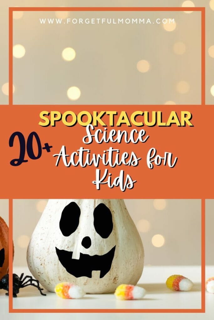 white pumpkin with 20+ Halloween Science Activities for Kids text overlay