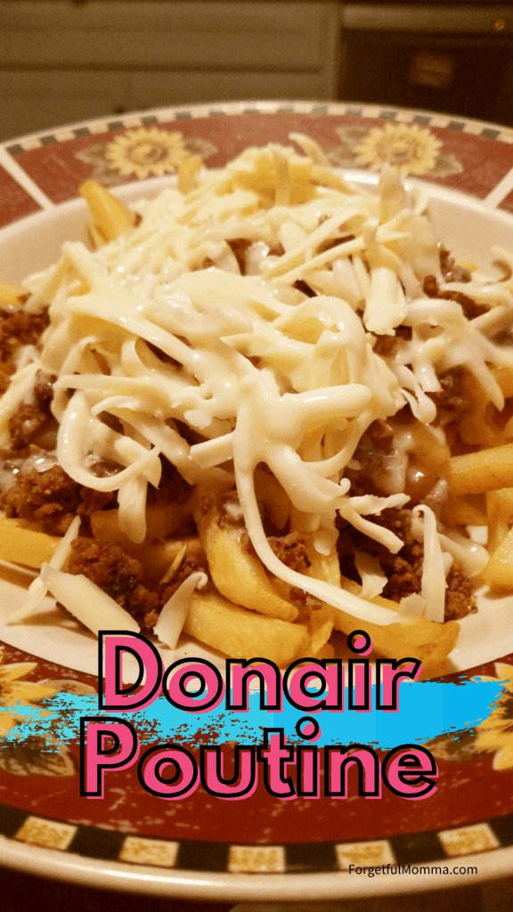 Donair poutine with text overlay