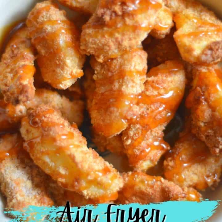Air Fryer Apple Fries in bowl with text overlay