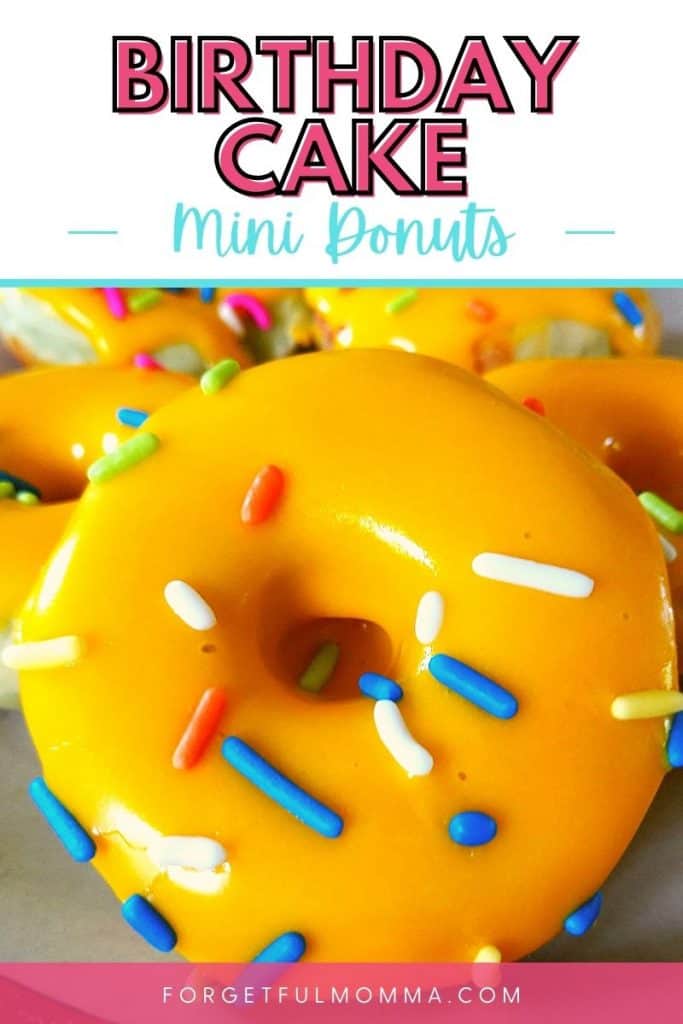 Birthday Cake Mini Donut Recipe - donut on plate with text overlay