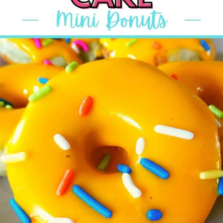 Birthday Cake Mini Donut Recipe - donut on plate with text overlay