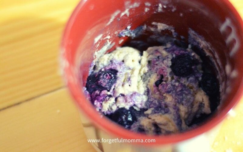 Single Serve Blueberry Muffin in a Mug - after folding/pushing blueberries into batter