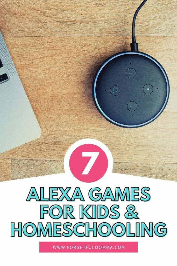 Alexa Games for Kids & Homeschooling - Alexa device on desk with text overlay