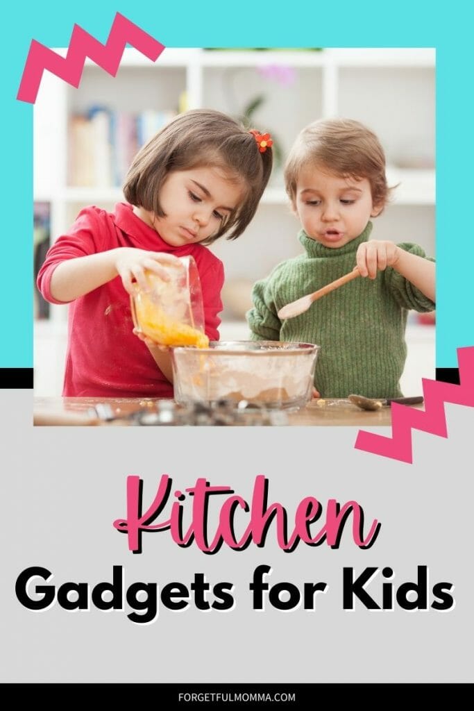 Kitchen Gadgets for Kids - kids adding ingredients into a mixing bowl with text overlay