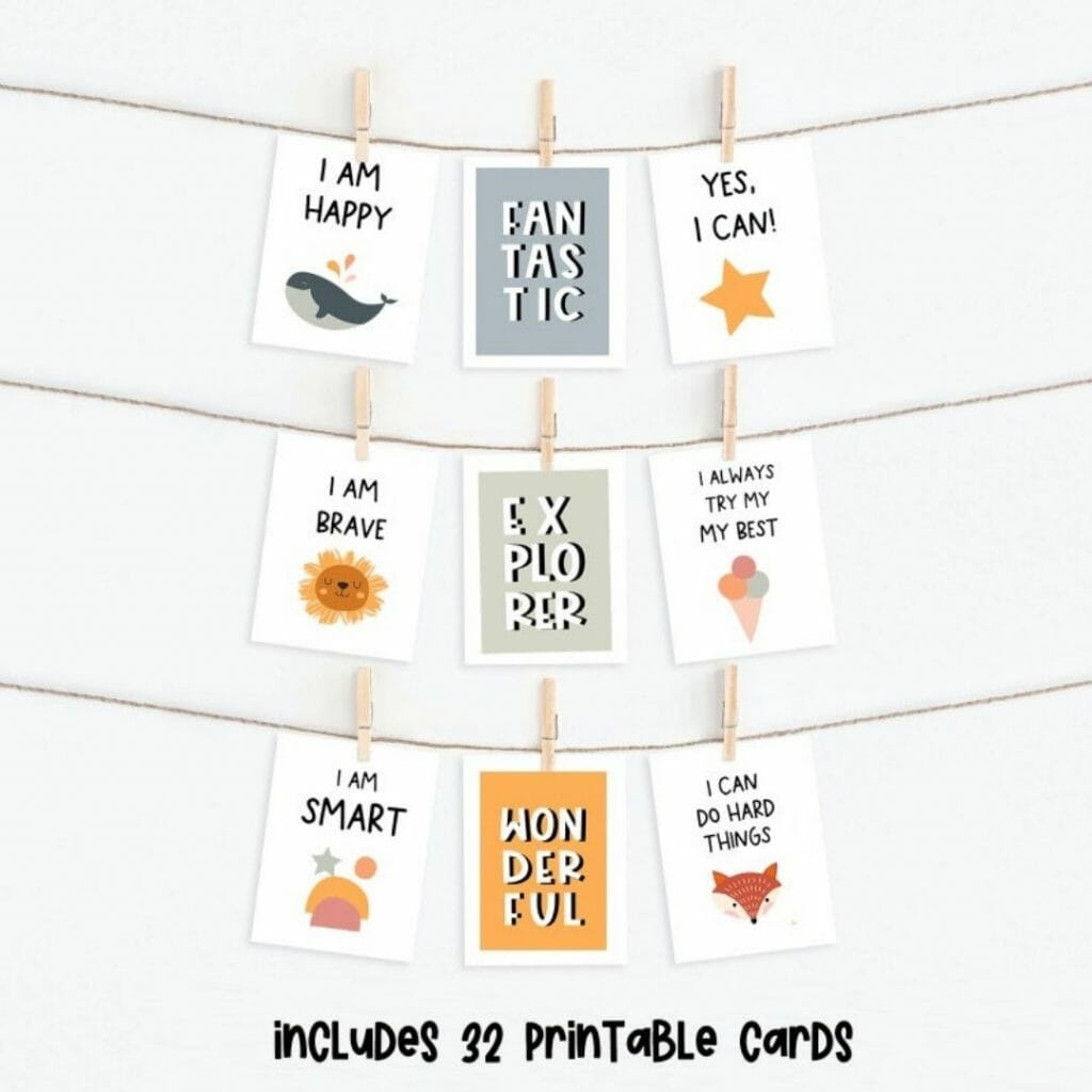 9 affirmation cards examples hanging on twine