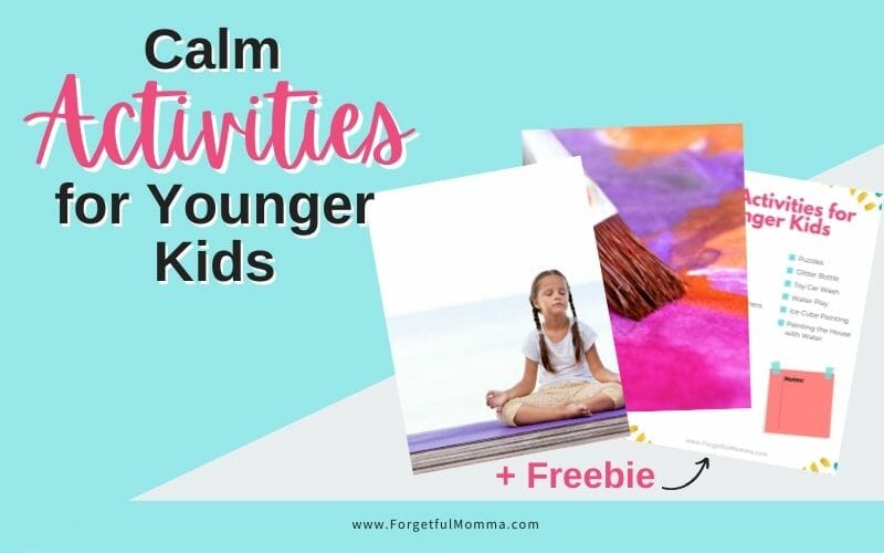 Calm Activities for Younger Kids social media image with a 3 piece collage of images with text overlay