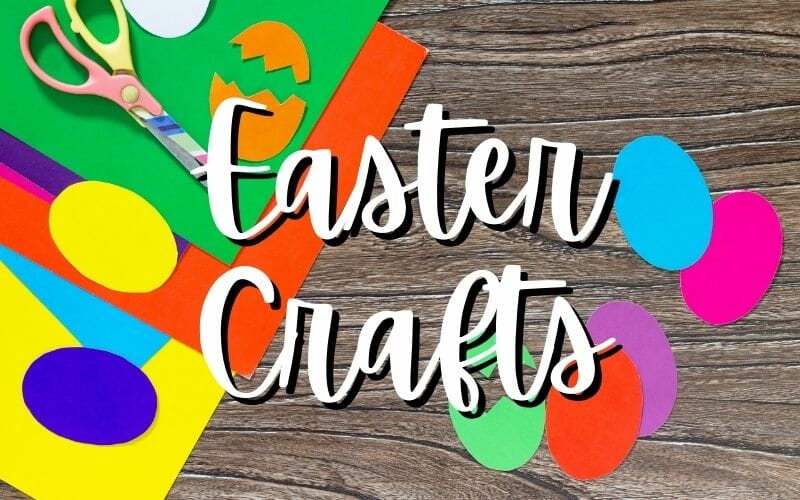 Easter crafts paper eggs and pieces of paper and scissors with text overlay