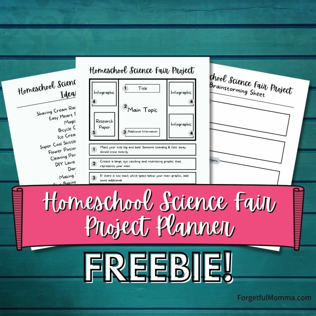 Homeschool Science Fair Project Planner pages on blue background with text overlay