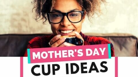 Woman smiling over a cup of coffee with text overlay