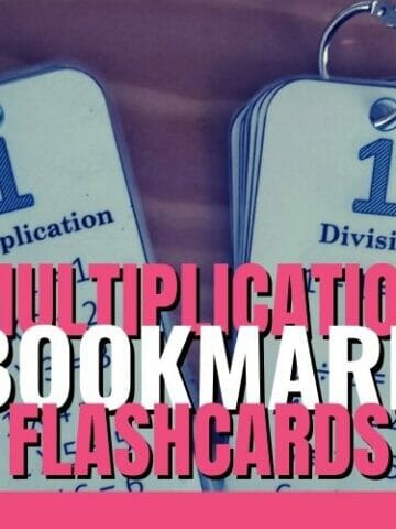 Multiplication Bookmark Flashcards laying on wood table with text overlay