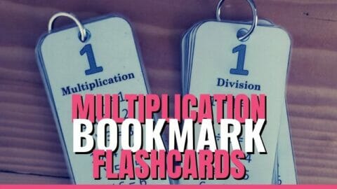 Multiplication Bookmark Flashcards laying on wood table with text overlay