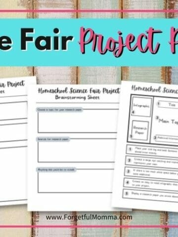 Homeschool Science Fair Project Planner sample pages with text overlay