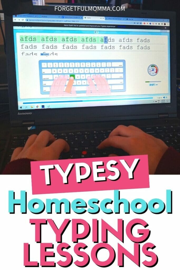 child using typing program with text overlay