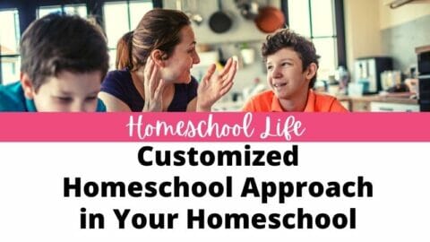 mom and 2 boys working at the table with text overlay