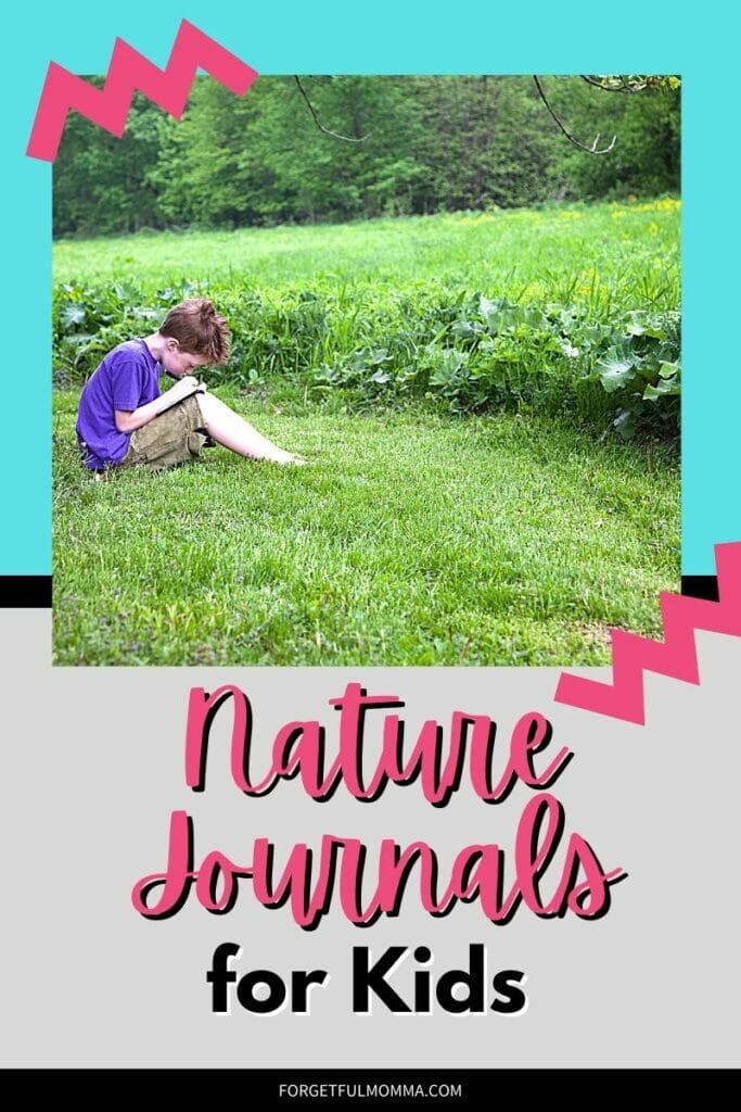 child sitting in yard writing in nature journal with text overlay