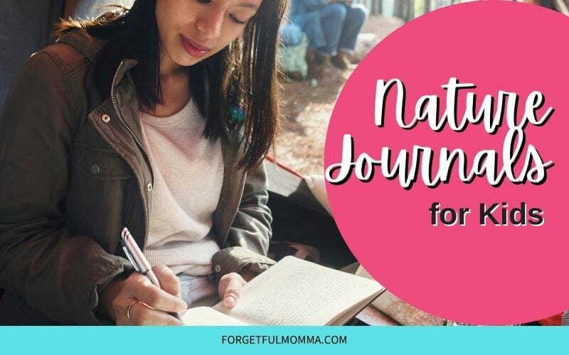 girl writing in nature journal with text overlay
