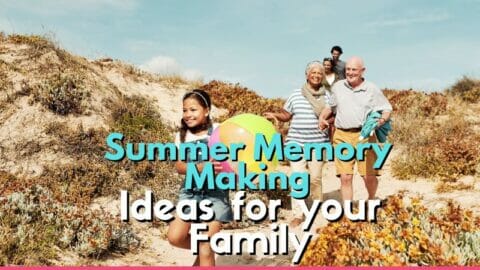 family walking onto a beach with text overlay