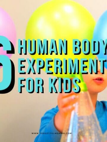 child with balloons and science equipment with text overlay