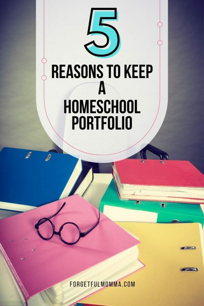piles of books with 5 Reasons to Keep a Homeschool Portfolio text overlay