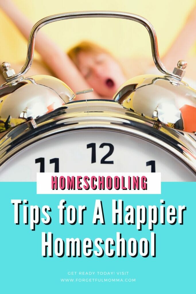 woman waking up by alarm clock with 6 Tips for A Happier Homeschool text overlay