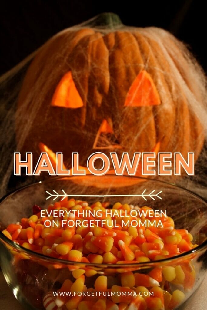 halloween pumpkin and bowl of candy corn with text overlay