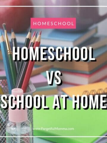 school supplies with Homeschool vs. School At Home text overlay