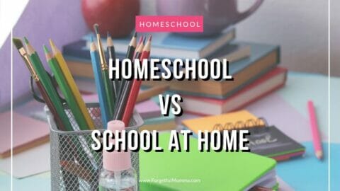 school supplies with Homeschool vs. School At Home text overlay