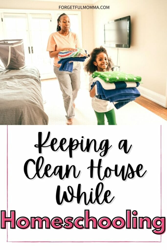 Mom and child doing laundry Keeping a Clean House While Homeschooling with text overlay