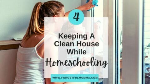 mom and child washing windows Keeping a Clean House While Homeschooling with text overlay