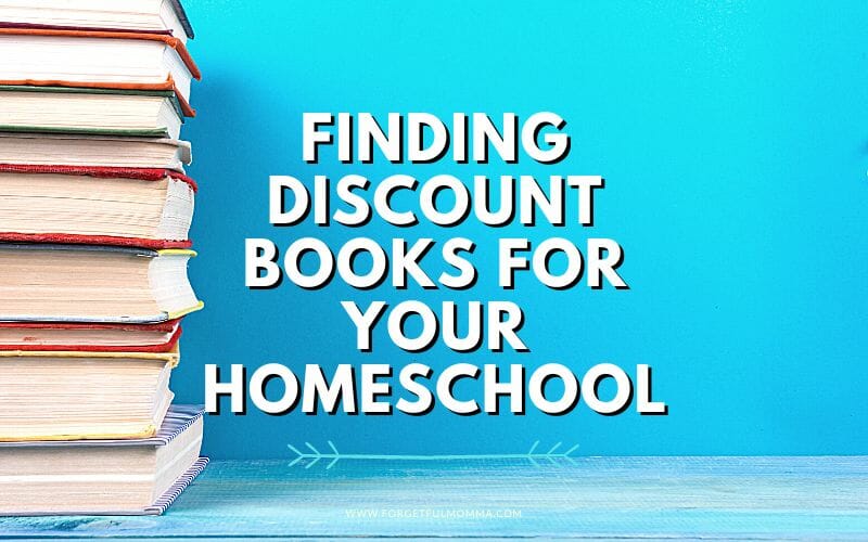 Books stacked up with Finding Discount Books for Your Homeschool text overlay