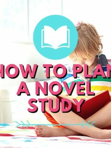 boy reading books with How to Plan a Novel Study text overlay
