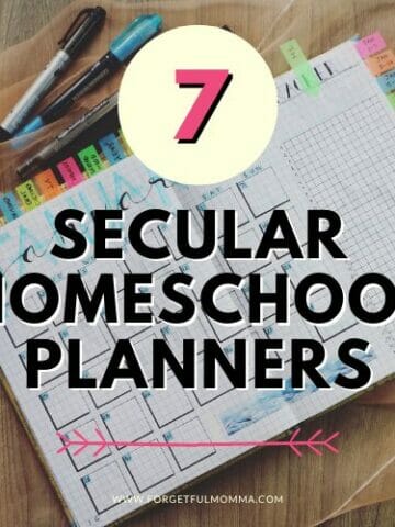 open planner on table with Secular Homeschool Planners text overlay