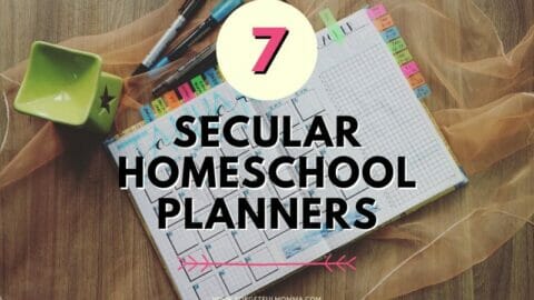 open planner on table with Secular Homeschool Planners text overlay