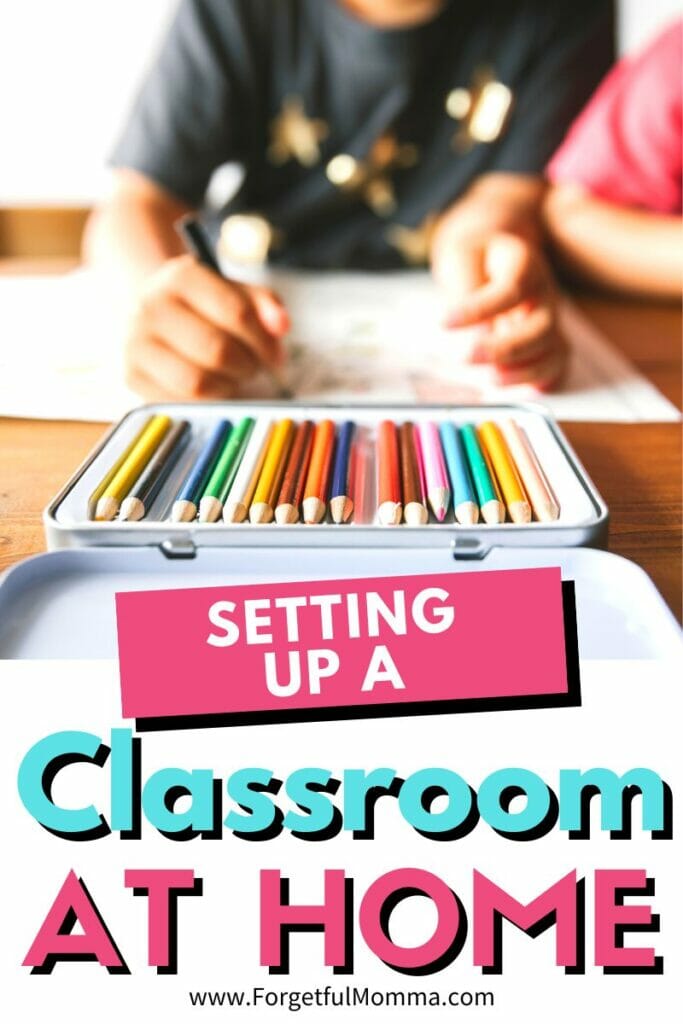 child using colored pencils with Setting Up A Classroom at Home text overlay