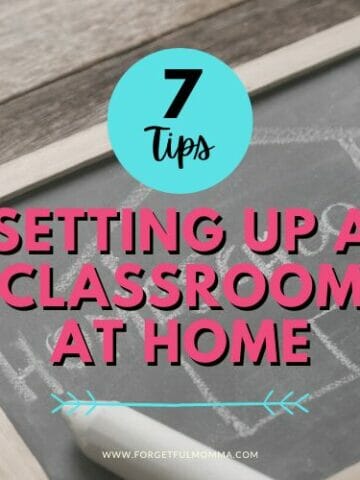 Small chalk board with Setting Up A Classroom at Home text overlay