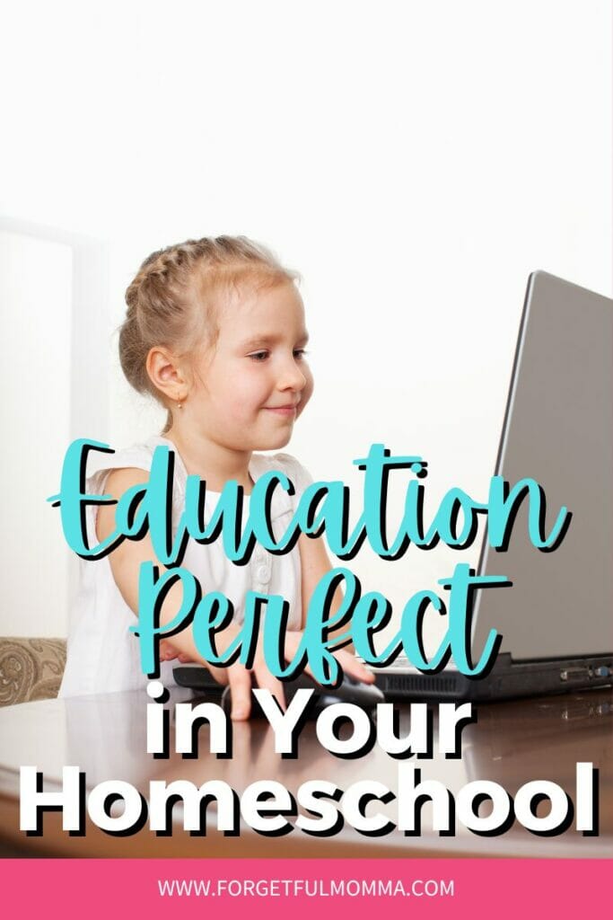 child using laptop with education perfect in your homeschool text overlay