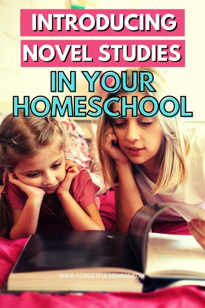 mom and daughter reading together with Introducing Novel Studies in Your Homeschool text overlay