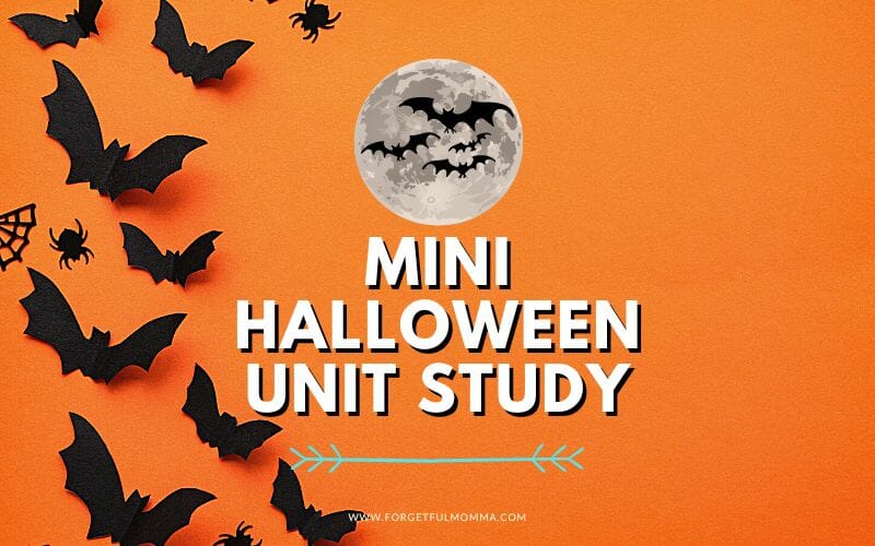 bats on orange background with Mini Halloween Unit Study text overlay