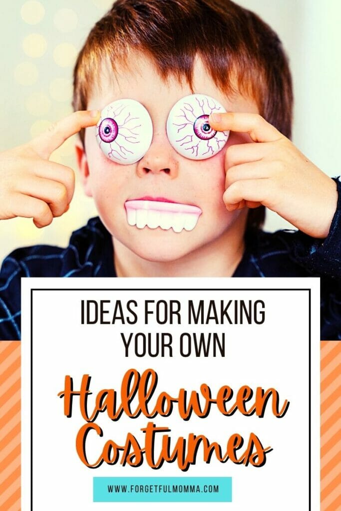 child holding halloween pieces to face with text overlay